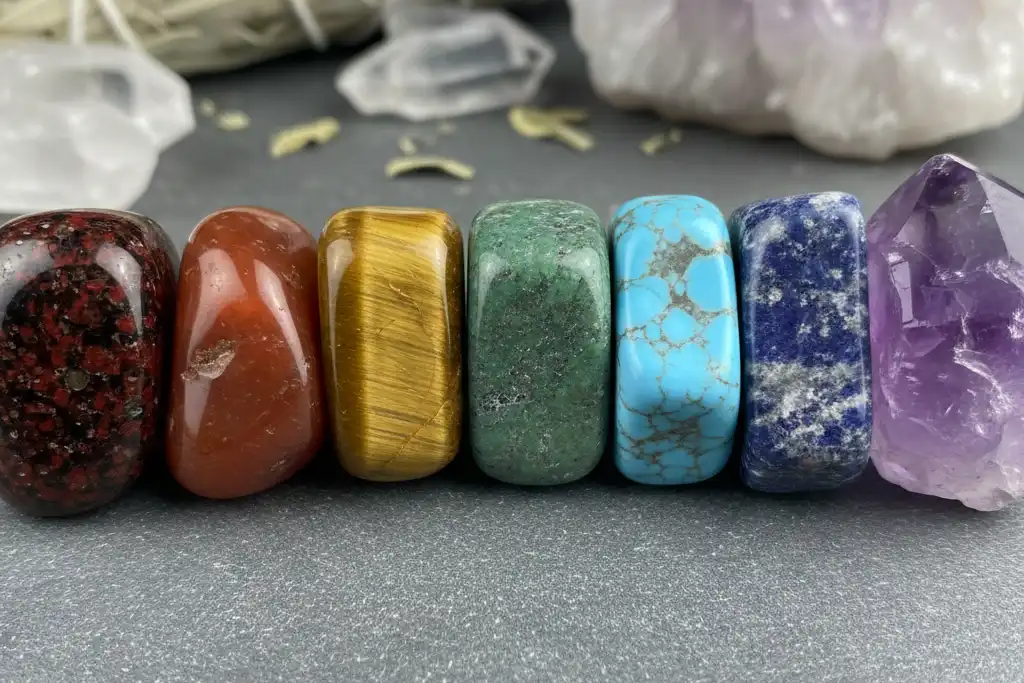 natural gemstone healing bracelet beads showing authentic chakra stone colors and textures