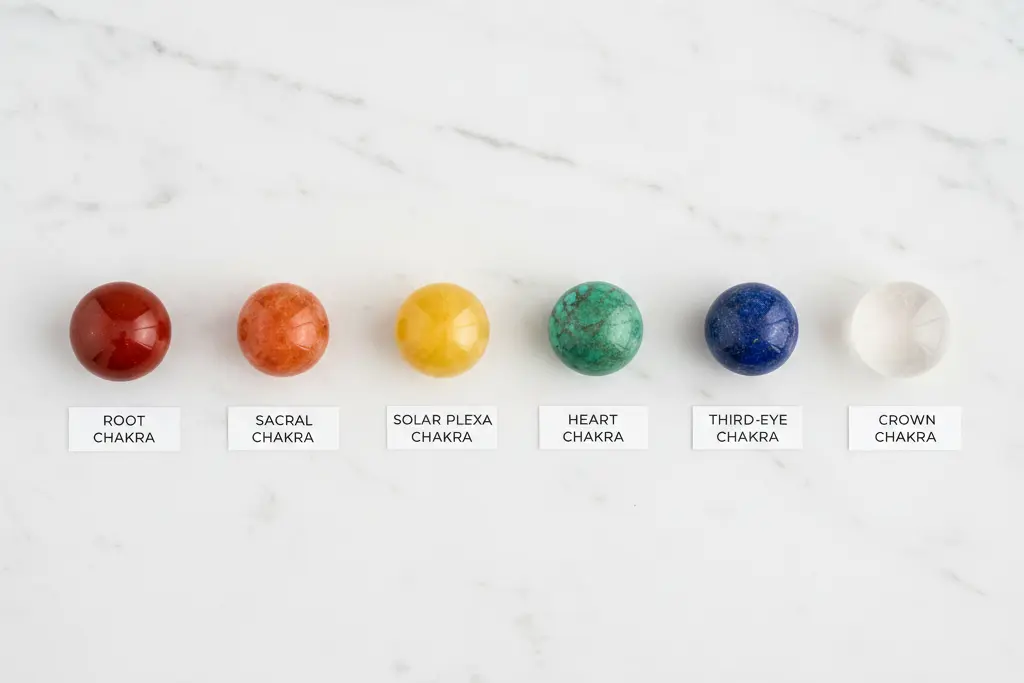 labeled chakra stones showing healing crystal kit with all seven energy balancing crystals