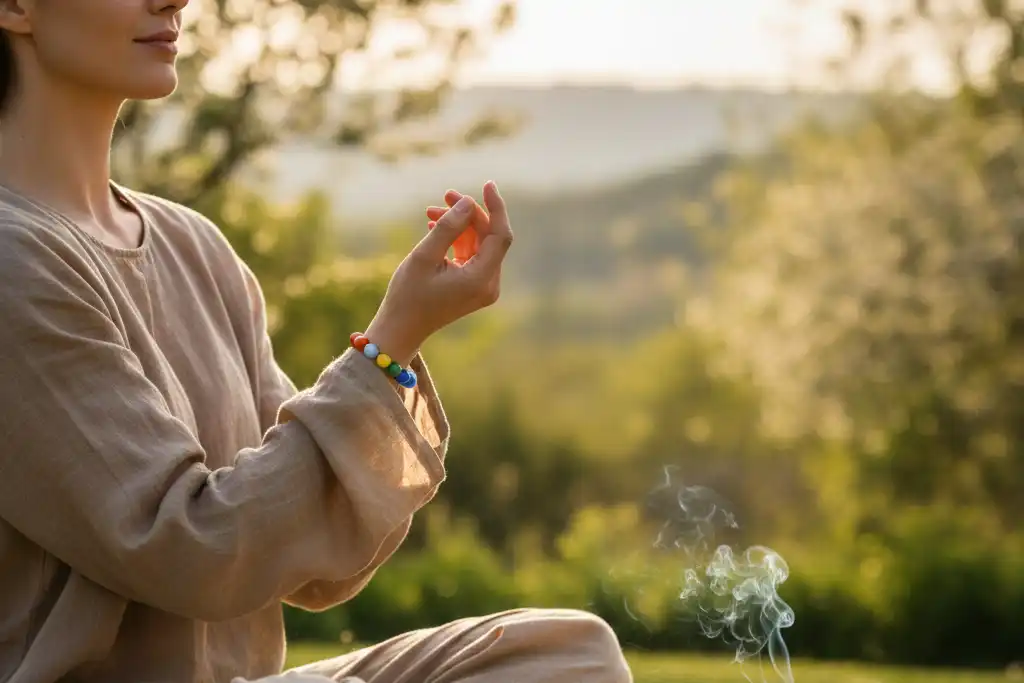 woman wearing chakra healing bracelet while practicing mindfulness in nature