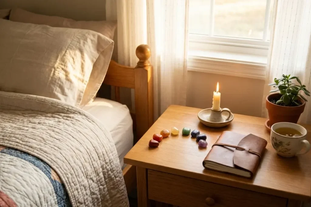 chakra crystal set displayed for bedside meditation and intention setting ritual