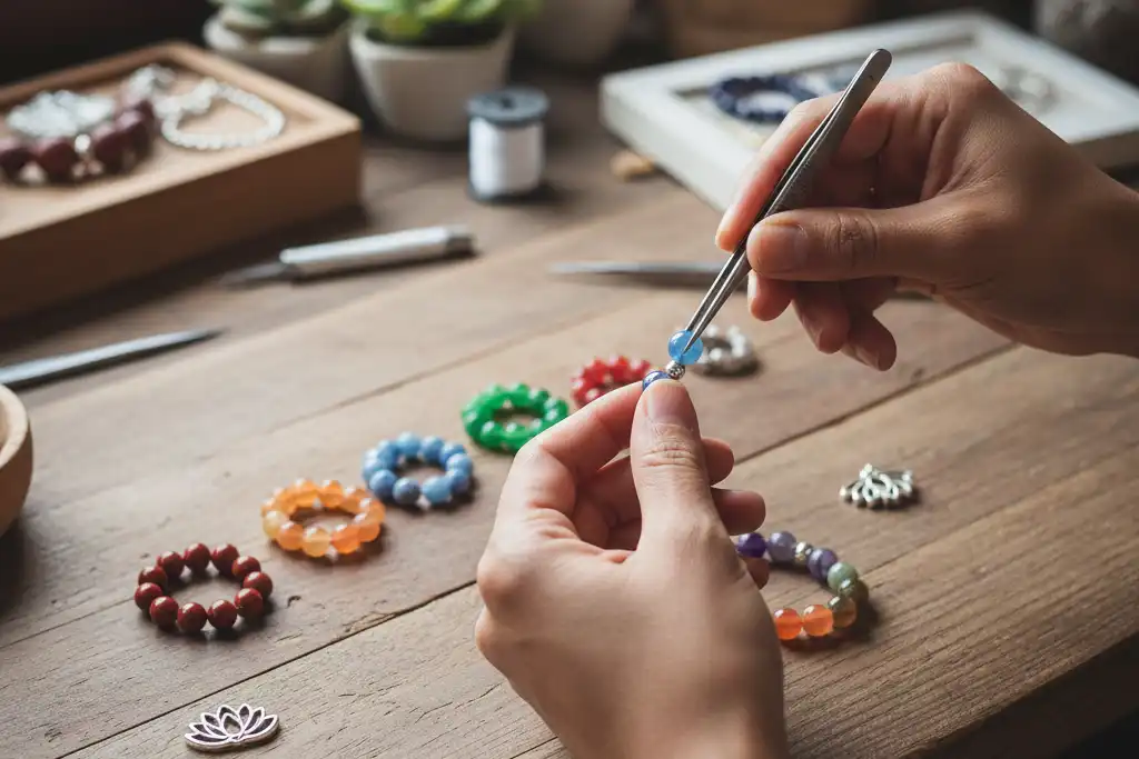 handmade chakra healing bracelet being crafted with authentic gemstone beads