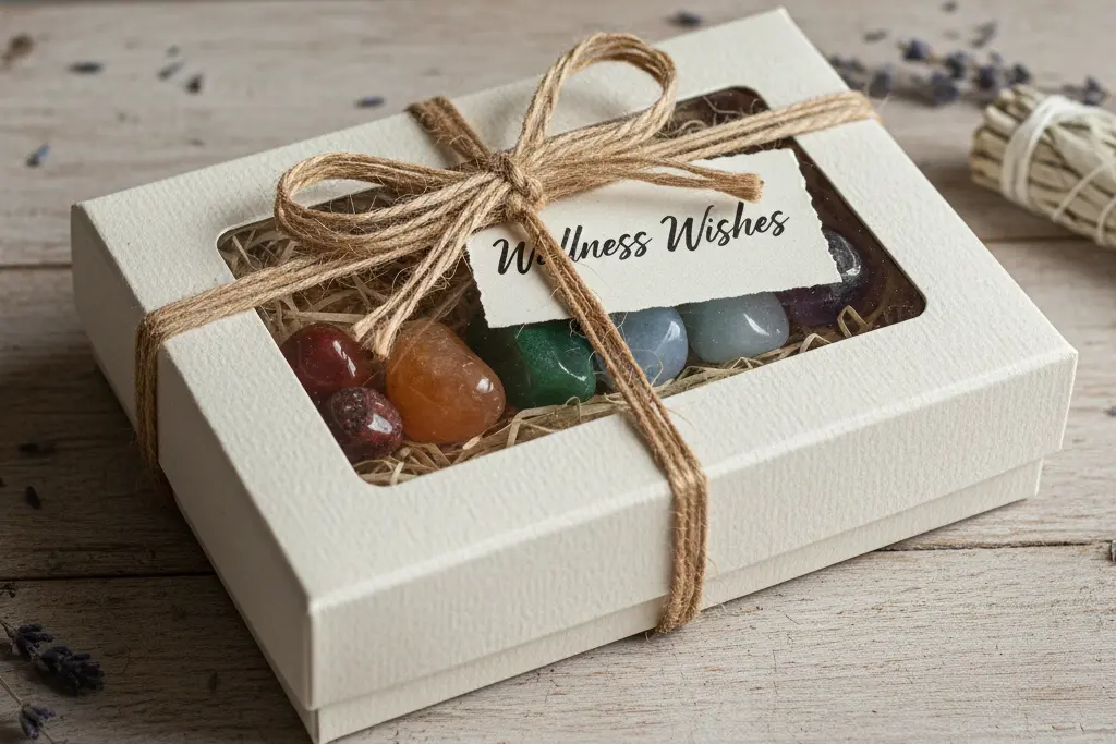 gift crystal healing set from Dela's Gift Shop wrapped for meaningful wellness gifting