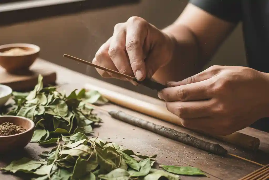 Handcrafted natural camphor incense sticks being rolled traditionally