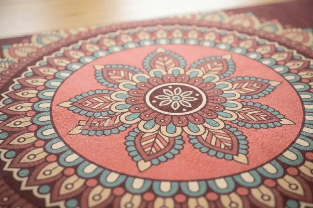 Close-up of vibrant mandala pattern on suede-like non-slip yoga mat surface