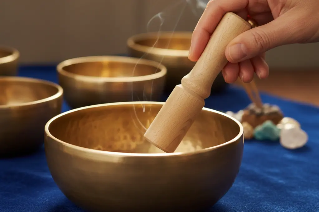 Hand playing Tibetan singing bowl with wooden mallet during Nada Yoga sound healing ceremony at Boxmoor workshop