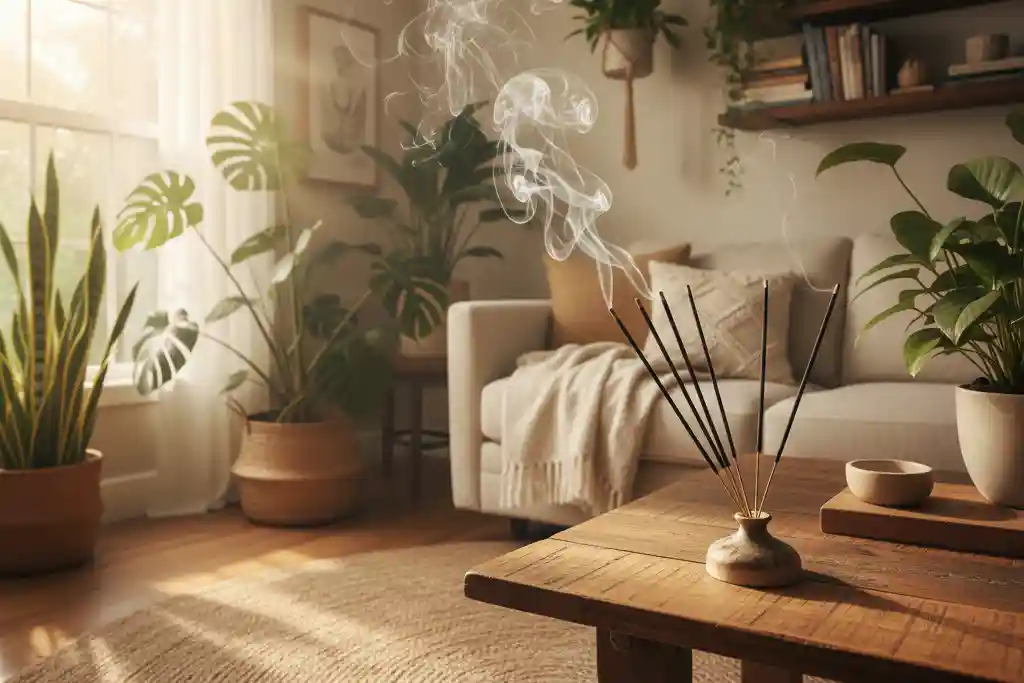 Camphor incense sticks purifying air in a naturally lit home environment