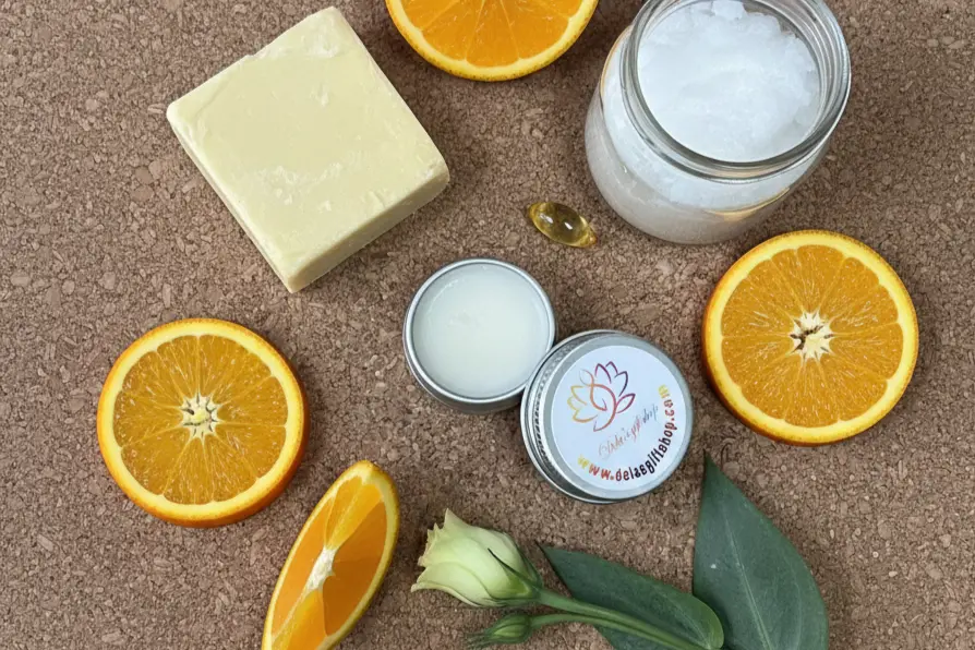 Natural ingredients in handmade vegan lip balm cocoa butter, coconut oil, orange essential oil
