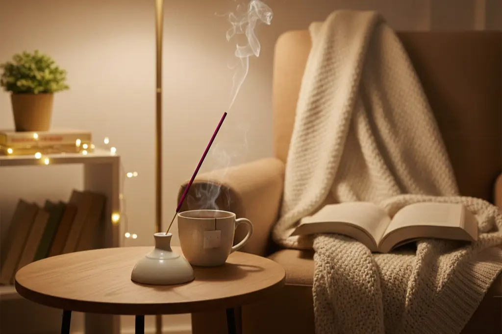 Rose incense burning in cozy reading space for relaxation and stress relief