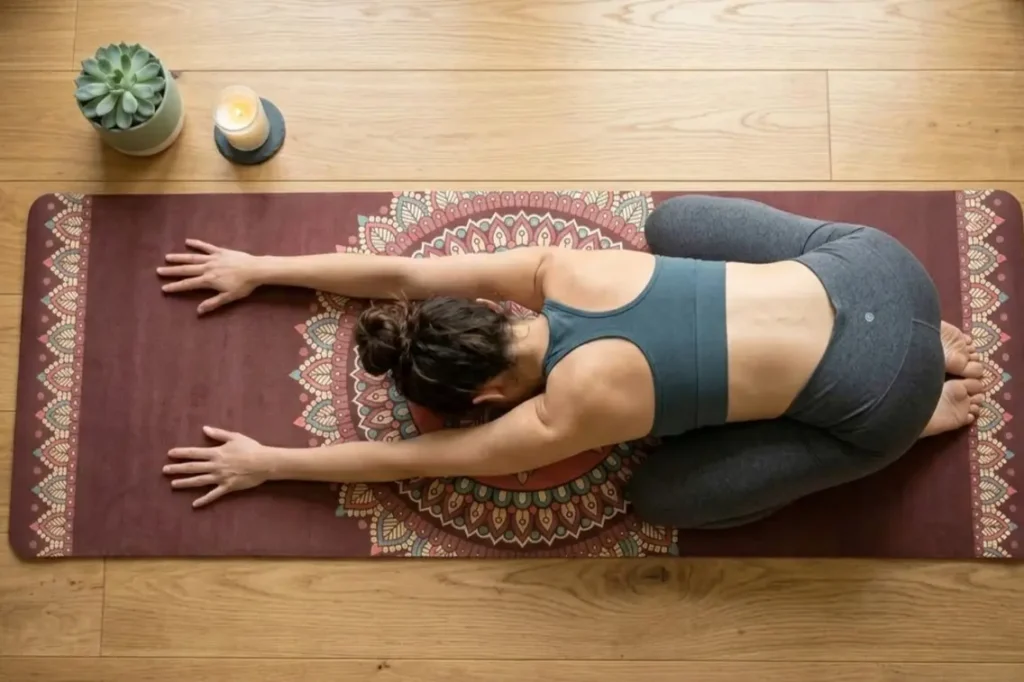 Yogi in child's pose on lightweight mandala yoga mat for women showing full circular design