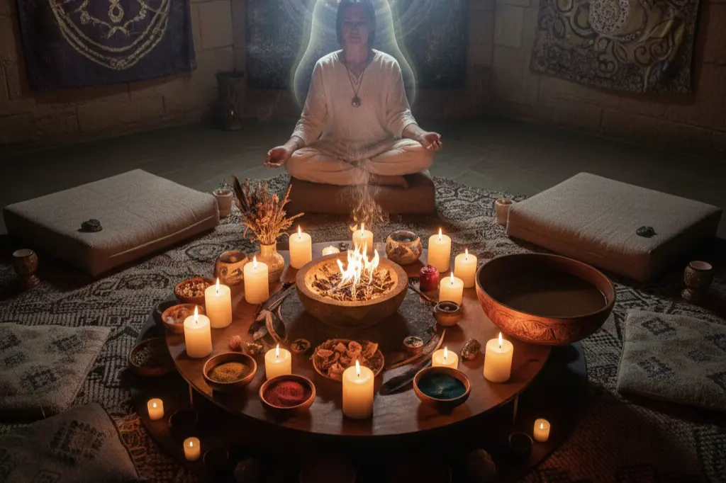 Aura cleansing fire ceremony preparation with candles and sacred space at sound healing workshop