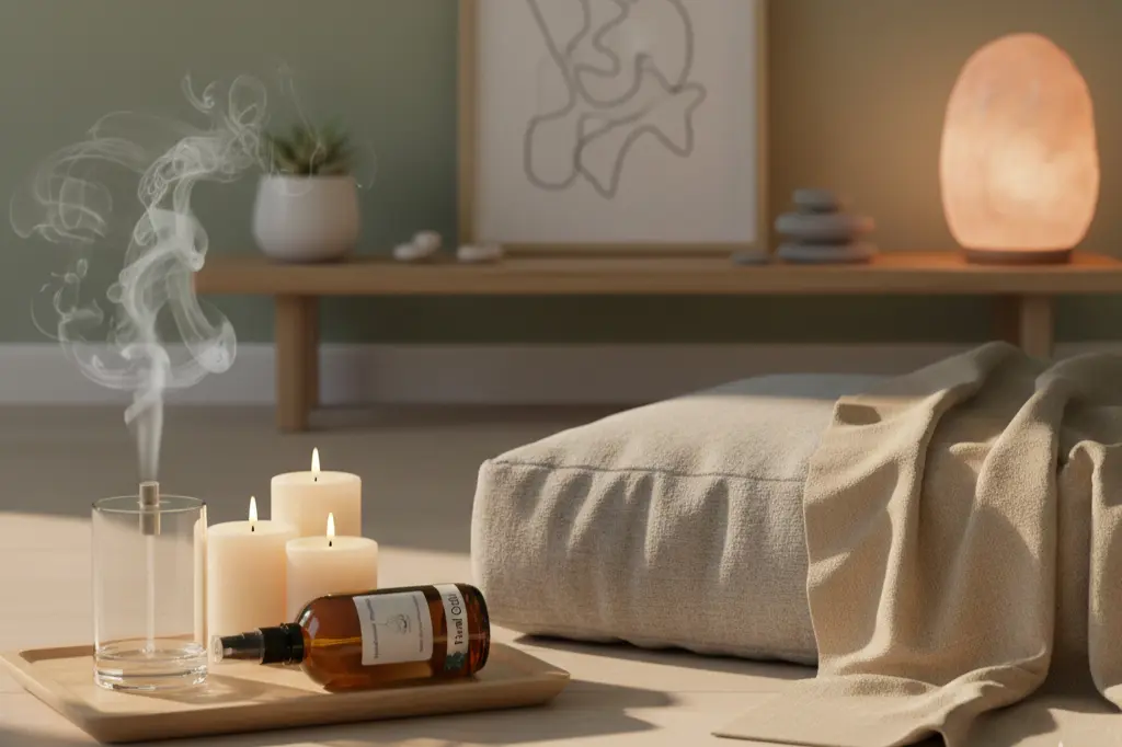 Peaceful meditation setting using oud fragrance for relaxation and mental clarity