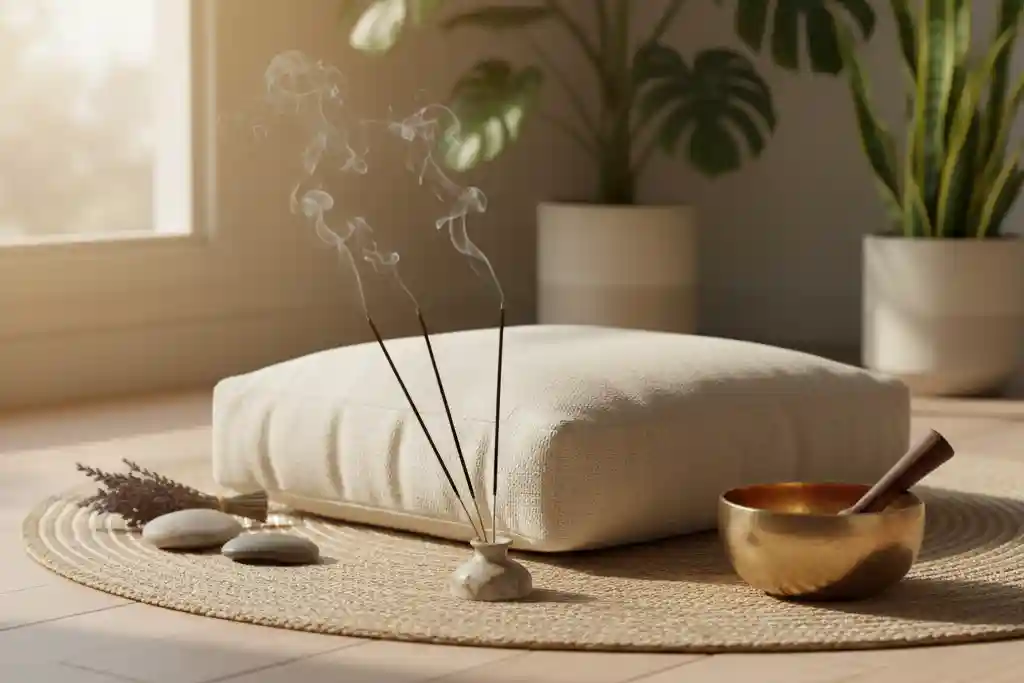 Meditation corner featuring hand-rolled camphor incense sticks for stress relief