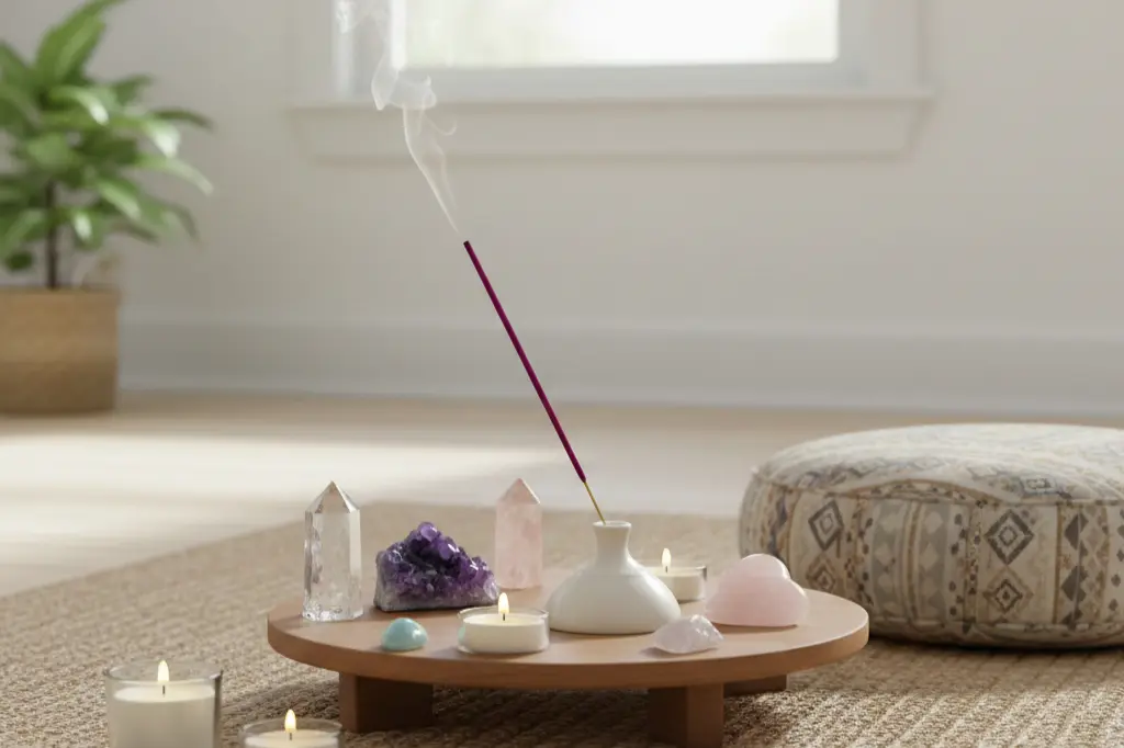 Rose incense for meditation practice with mindfulness tools and peaceful ambiance