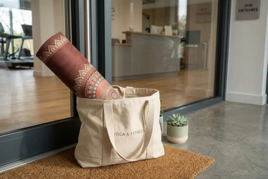 Travel-friendly mandala yoga mat rolled up and placed in a bag for on-the-go yoga practice