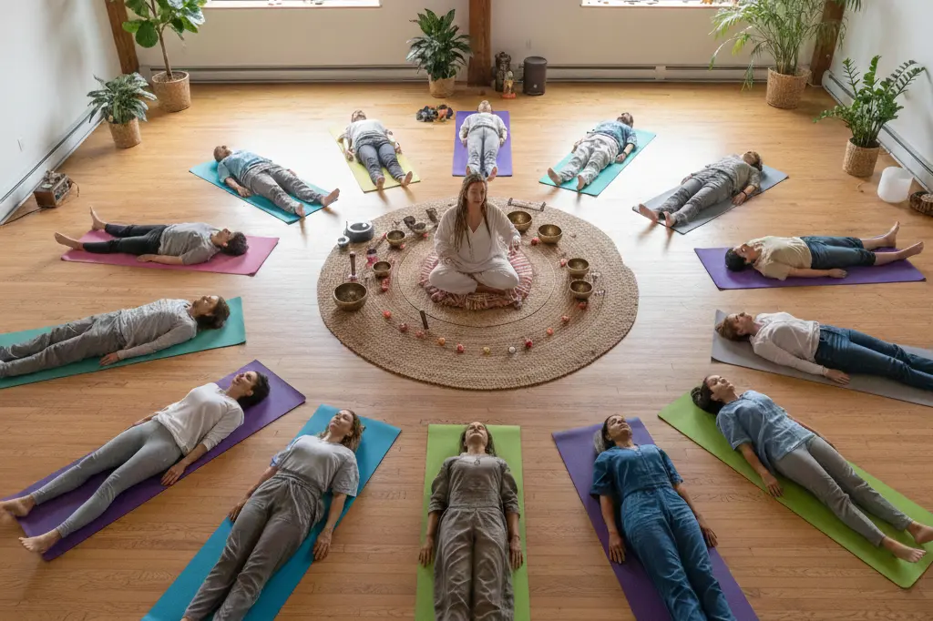Group sound healing meditation session participants relaxing on mats with blankets and pillows at Boxmoor workshop