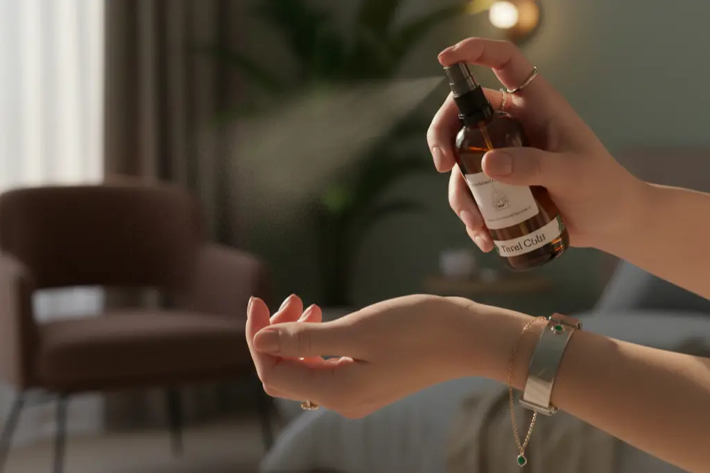 Applying luxury oud scent to pulse points for long-lasting fragrance experience