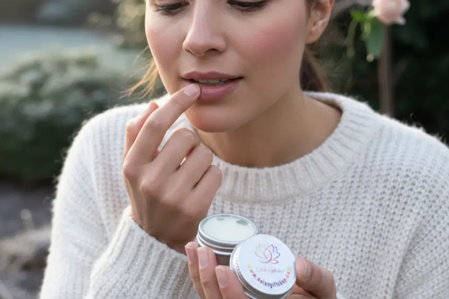 Applying natural vegan lip balm for dry sensitive lips outdoors