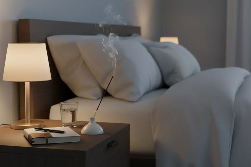 Rose incense sticks creating calming bedtime ritual for better sleep and relaxation