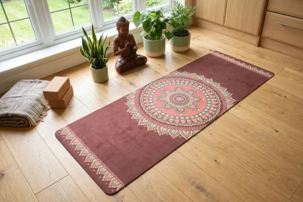 Lightweight mandala yoga mat for home practice laid out near window in peaceful yoga space
