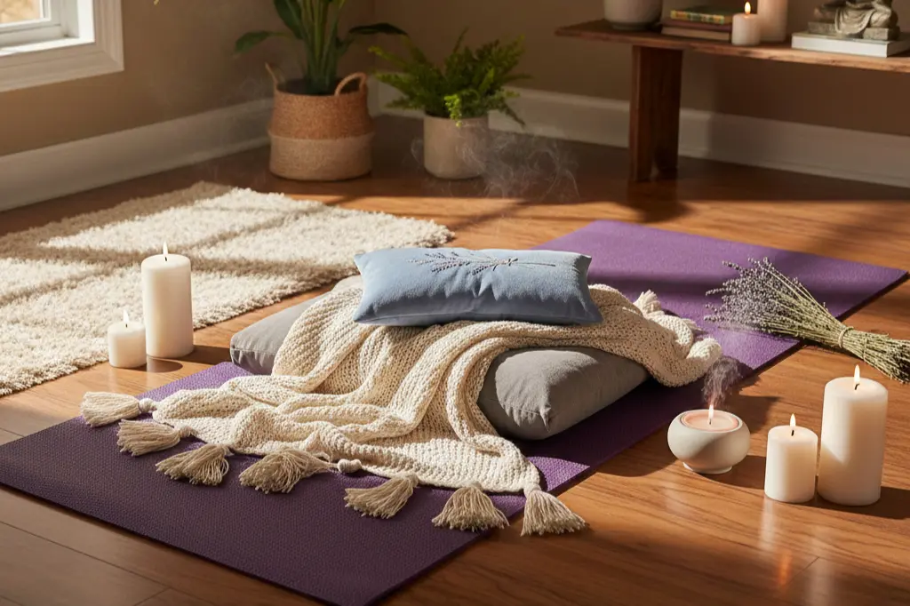 Essential items for sound healing workshop: yoga mat, soft blanket, meditation pillow, and comfort accessories
