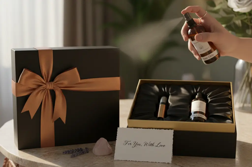 Premium gift packaging for floral agarwood fragrance gift from Dela's Gift Shop