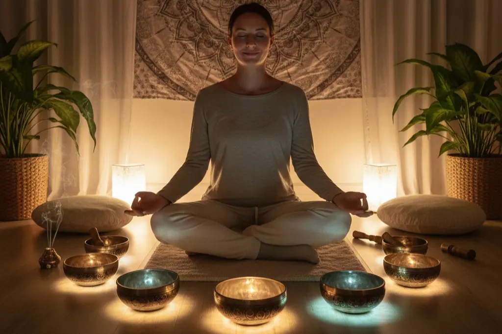 Participant experiencing deep relaxation during sound healing workshop with singing bowls and candlelight