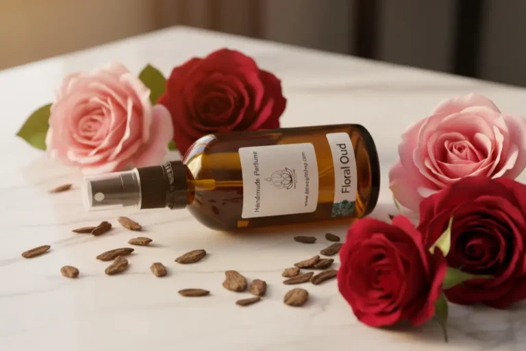 Luxury floral oud perfume bottle with rose petals and agarwood from Dela's Gift Shop