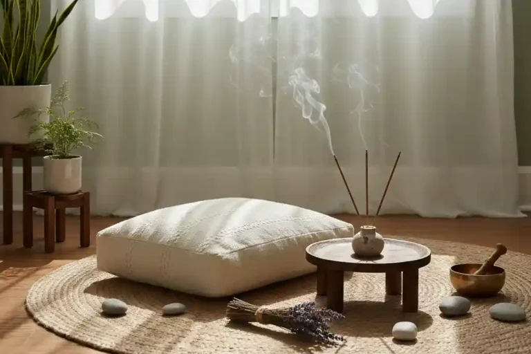 Hand-rolled camphor incense sticks burning peacefully in a sunlit meditation space