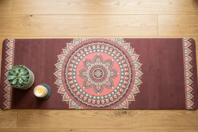 Vibrant mandala yoga mat with non-slip surface unrolled on wooden floor for home yoga practice