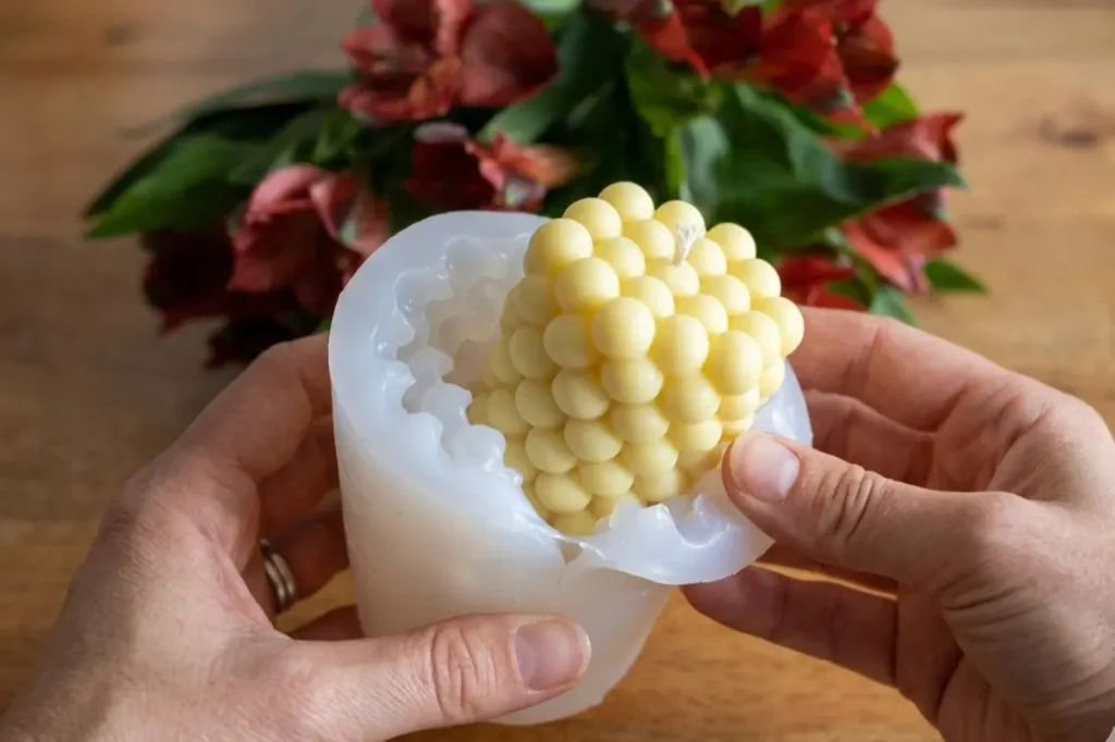 Easy release silicone bubble candle mold being demolded by hand – Dela's Gift Shop