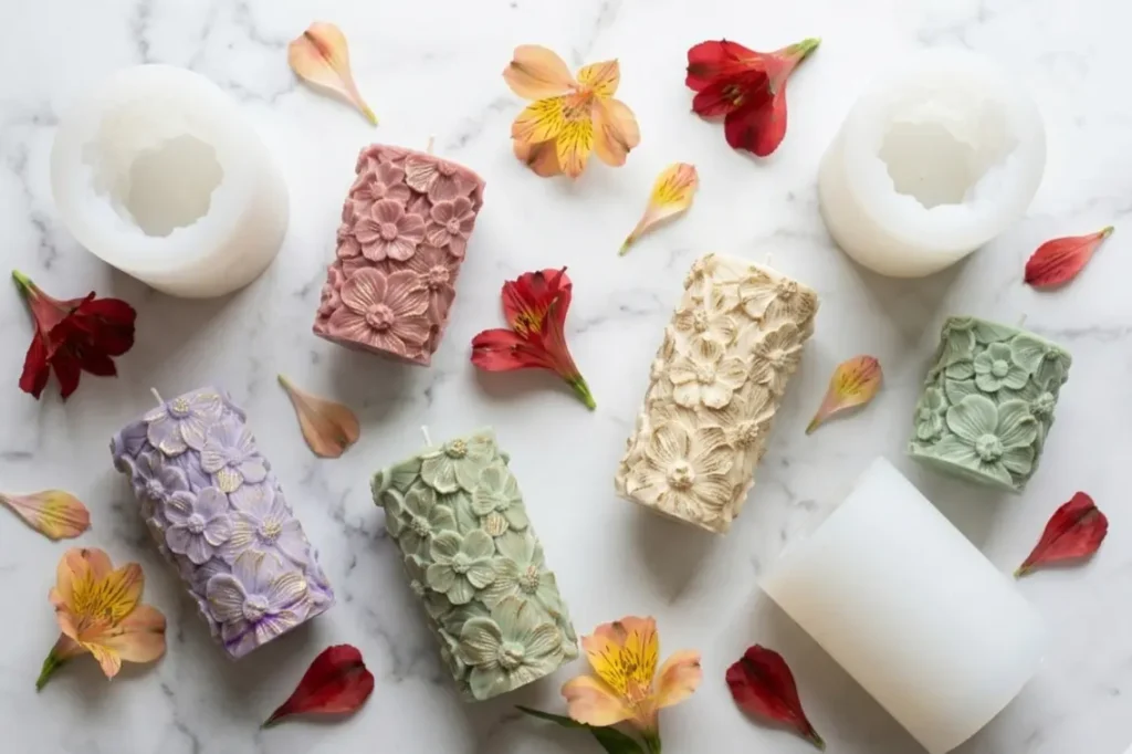 handmade floral candles made using 3D flower candle mould