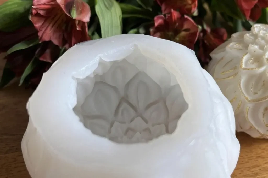 Detailed lotus silicone candle mould showing intricate petal structure