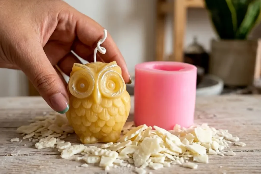 Detailed owl candle made using an owl silicone candle mould showing feather texture and perfect finish