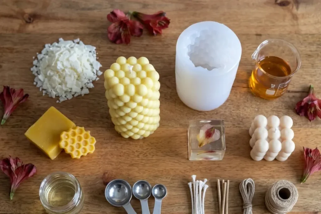 Silicone bubble candle mold with soy wax and resin materials for candle making
