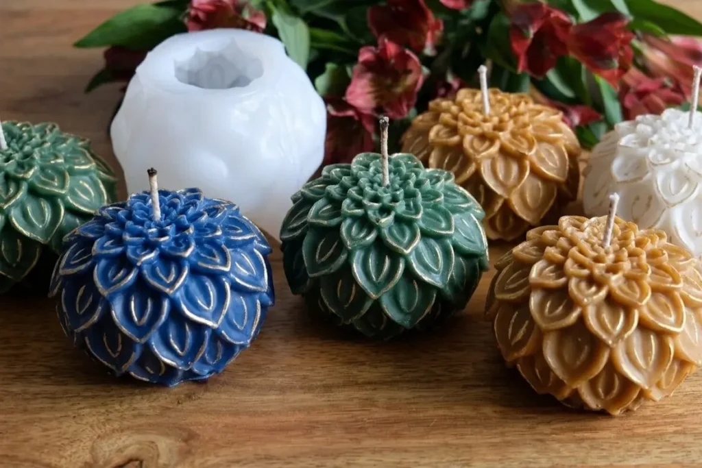 Lotus candles in different colours made using lotus candle making mold