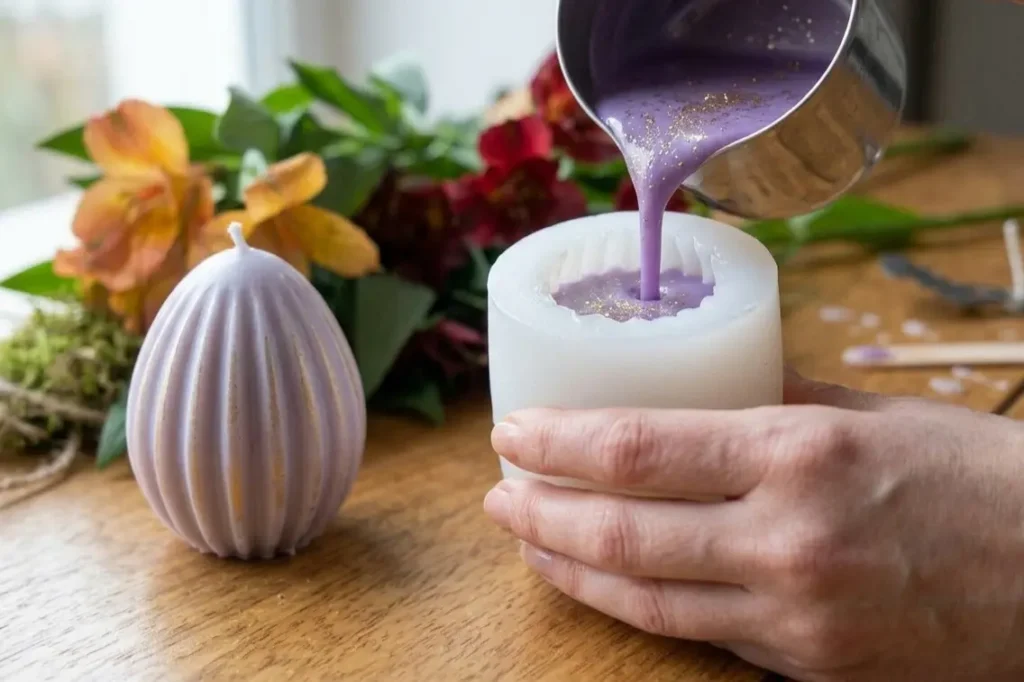 pouring wax into DIY egg candle mold candle making silicone mould