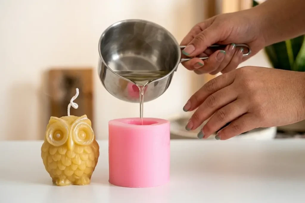 Pouring wax into a DIY candle mould shaped like an owl for handmade candle making at home