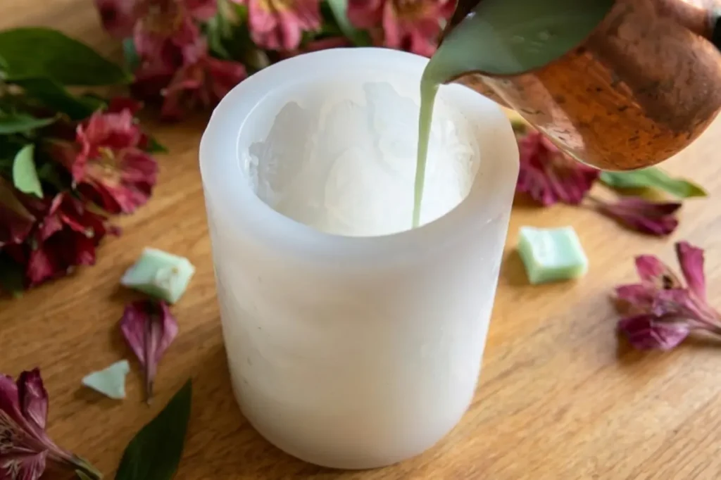 Pouring wax into butterfly candle mould for candle making