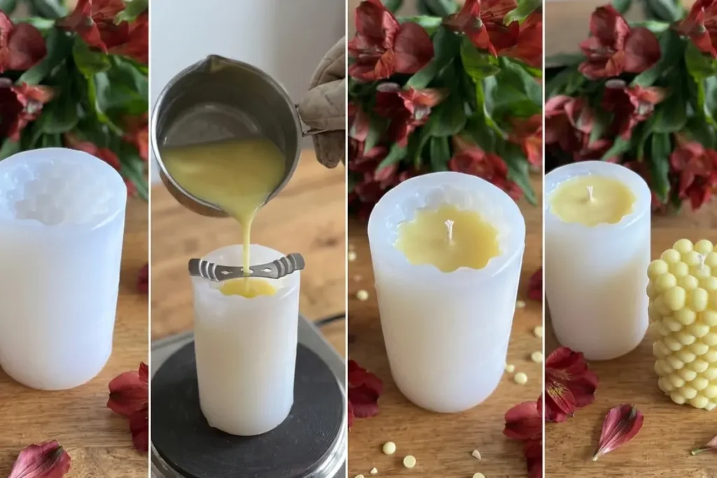 Pouring soy wax into a Bubble Candle Mould step-by-step process