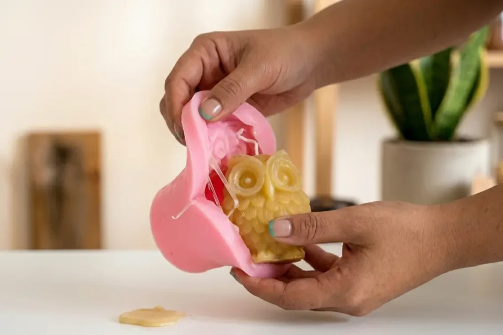 Easy release owl candle from a flexible owl candle mould showing clean and crisp detailing