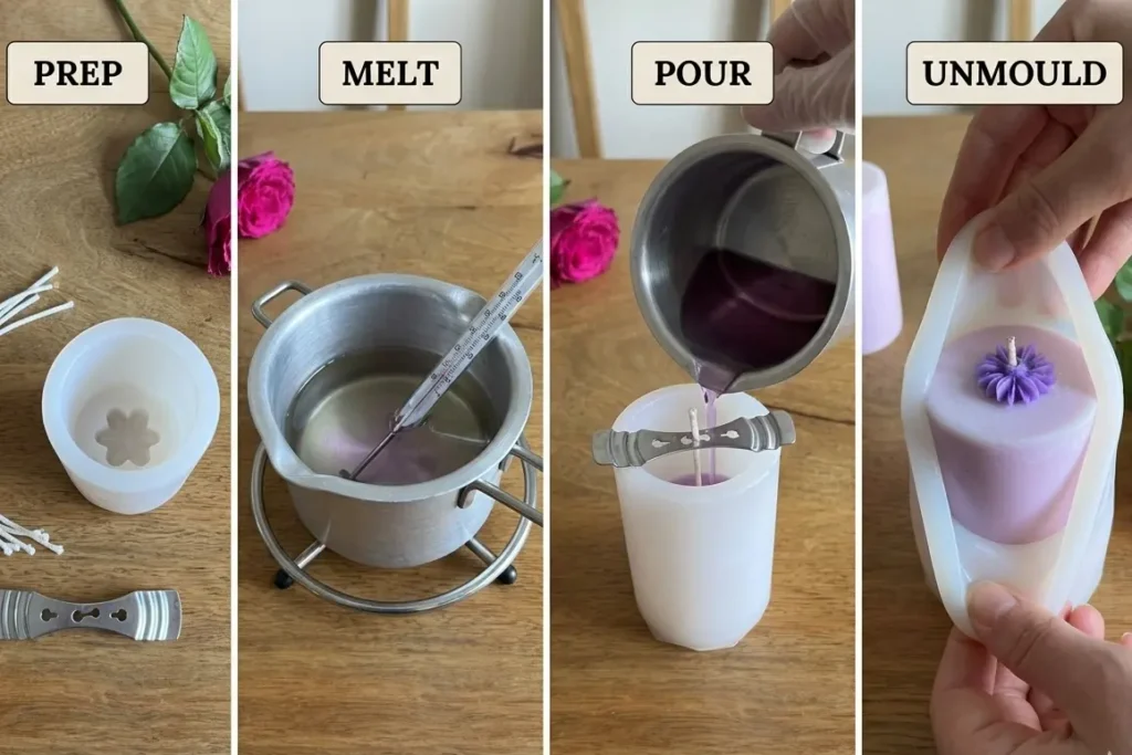 Step by step candle making process using silicon pillar candle mould
