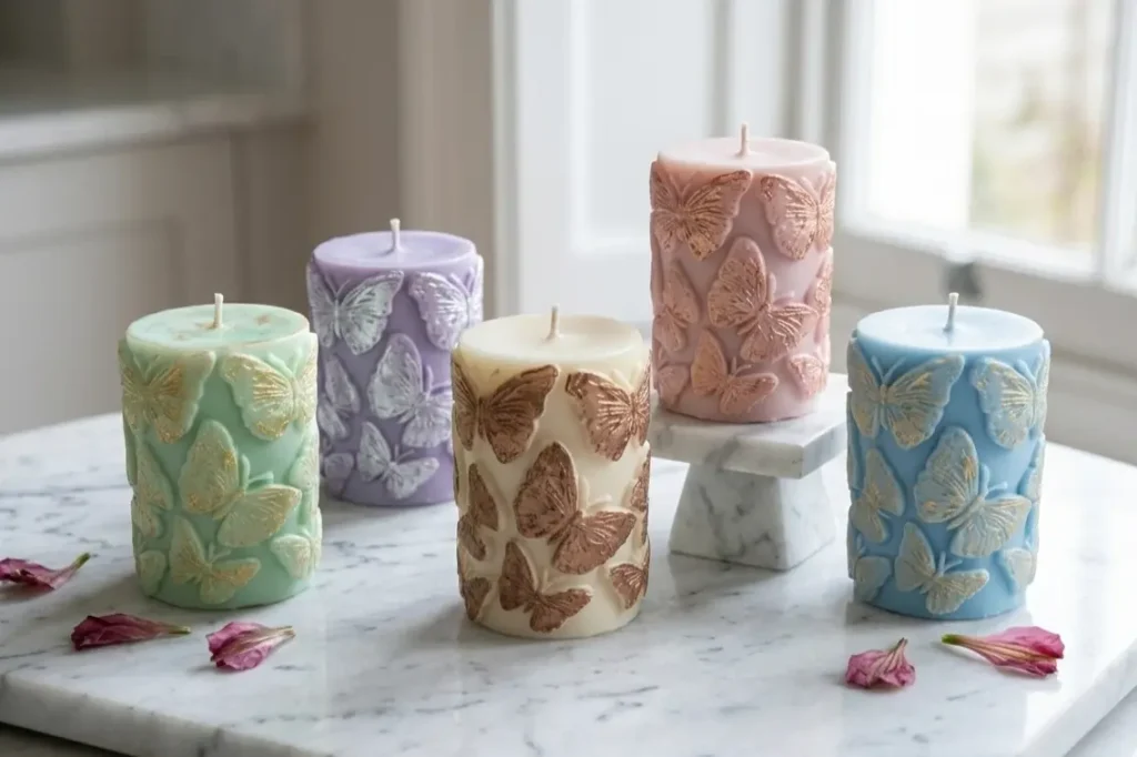 Decorative butterfly shaped candle mould results in different wax colours