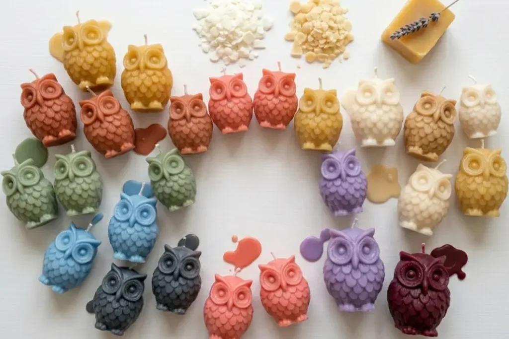 Batch of owl candles made using owl silicone candle moulds in different colours for gifting and retail