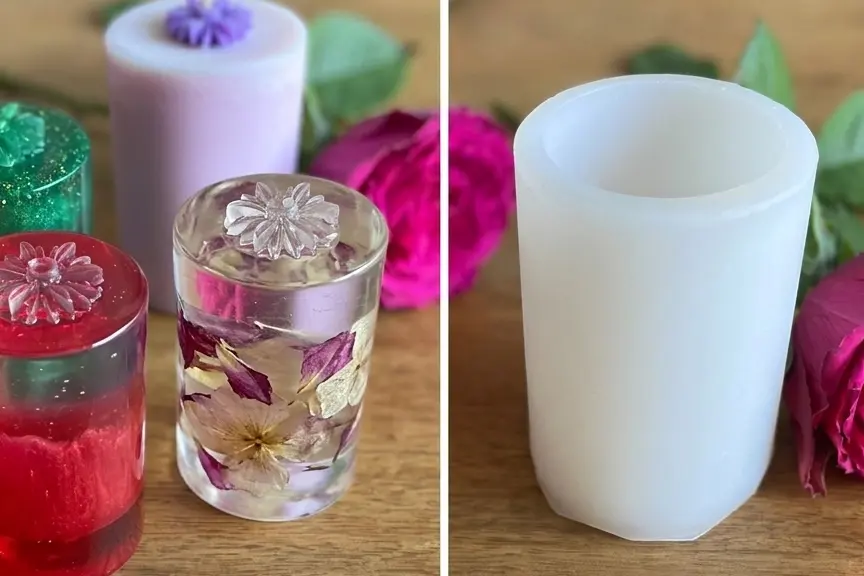 Resin pillars made using reusable silicone candle mould, dual use for resin and wax