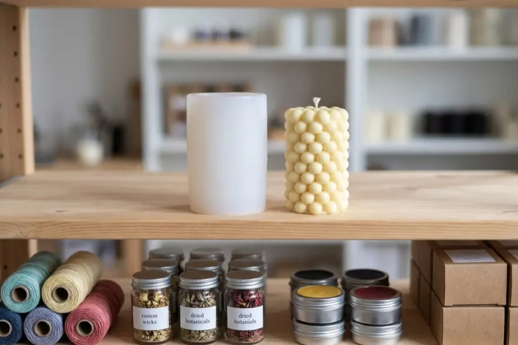 Silicone bubble candle mold stored flat on craft shelf after cleaning