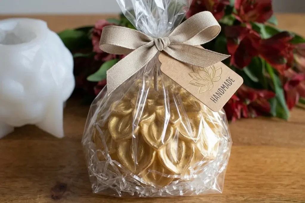 Handmade lotus candle made with lotus candle making mold packaged as a gift