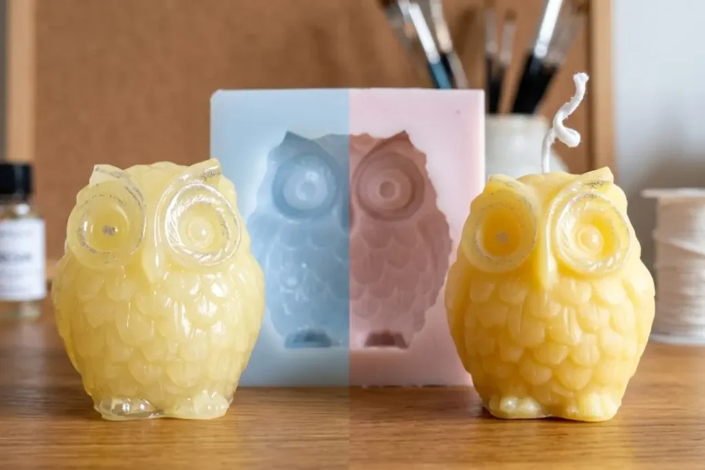 Resin and wax owl pieces created from a single resin mould owl design showing multi-material versatility