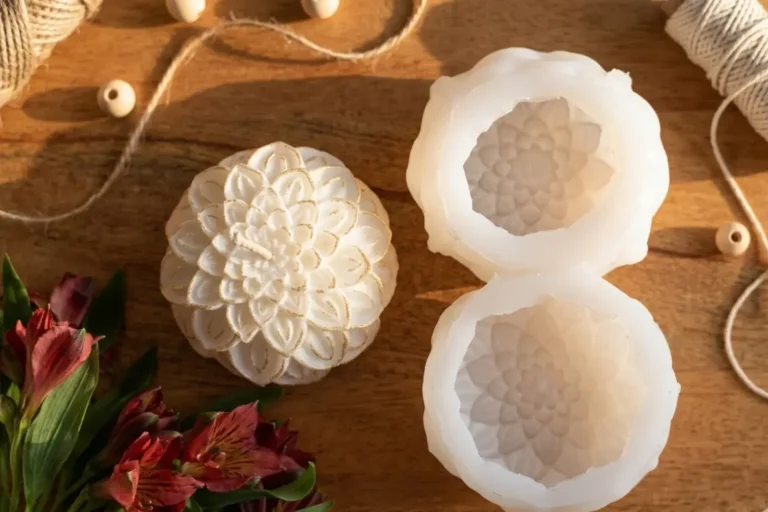 Premium lotus candle mould with finished lotus candle on a craft table