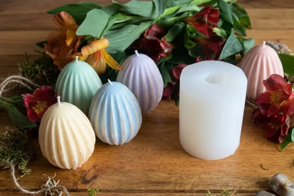 Egg Silicon Candle Mould with finished egg-shaped candles for DIY candle making