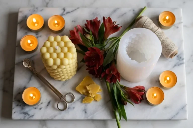Bubble Candle Mould with finished bubble cube candle on marble surface – Dela's Gift Shop
